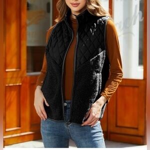 VIPWEST Women's Fuzzy Fleece Sherpa Vest Stand Collar Sleeveless Outerwear L